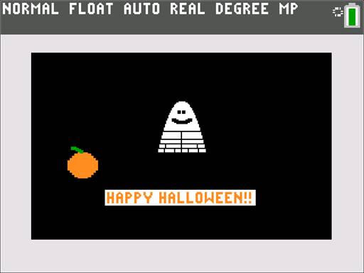 Calculator screen with a black background, ghost and pumpkin with the text Happy Halloween!!